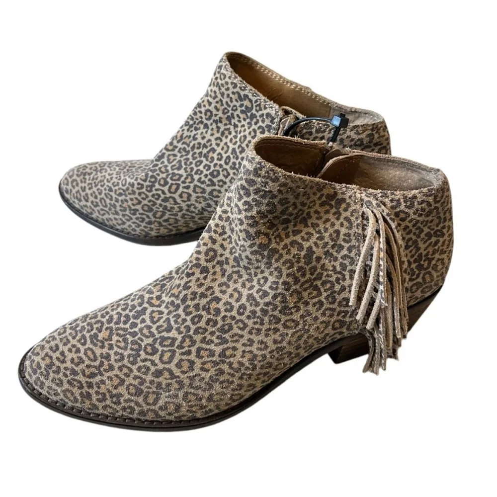 Lucky Brand Felisie Animal Print Cheetah Fringe Suede Bootie 7.5 / 38 Boho